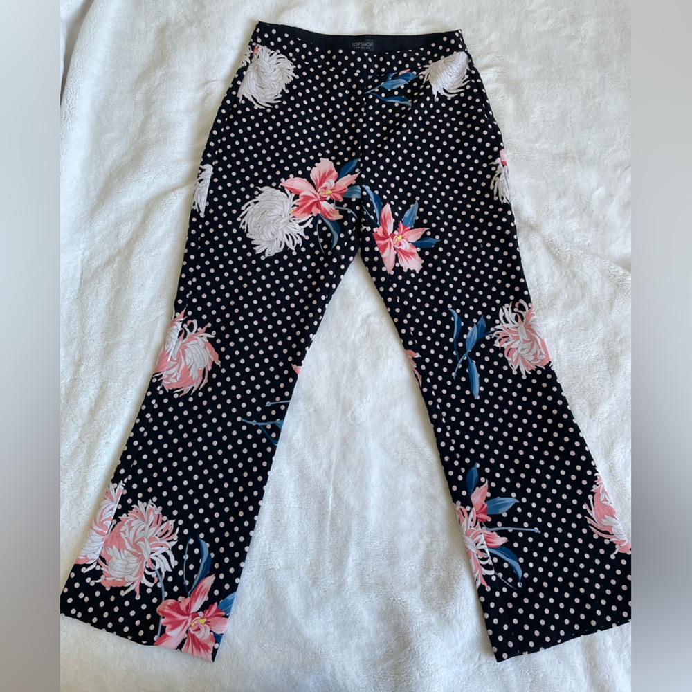 Topshop kick flare patterned high waist retro pinup pants size 4 polka dot